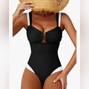 Women's Two Tone Patchwork One Piece Swimsuit U Hardware Cutout Bathing G22